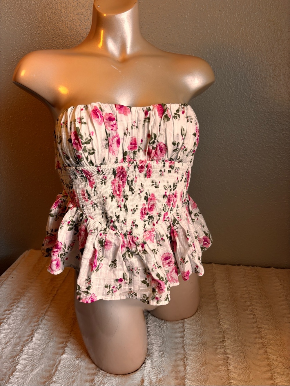 Strapless Pink Floral Peplum Smocked Crop Top Cottagecore Coquette Y2K